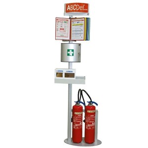 Borne sécurité extincteur avec porte-documents et support EPI | Point sécurité industriel